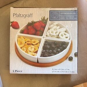 Pfaltzgraff White Ceramic Bowl Set with Bamboo Tray